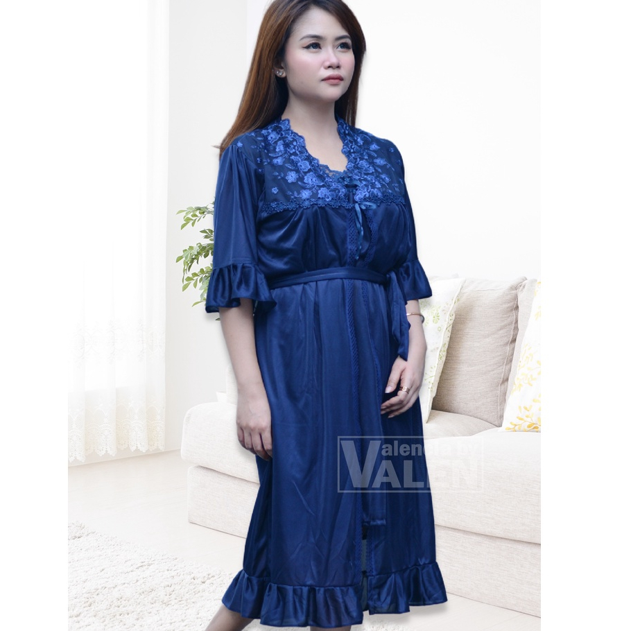 piyama wanita dewasa 2 in1 warna biru seksi kimono bahan satin corak embos bunga  daster seserahan