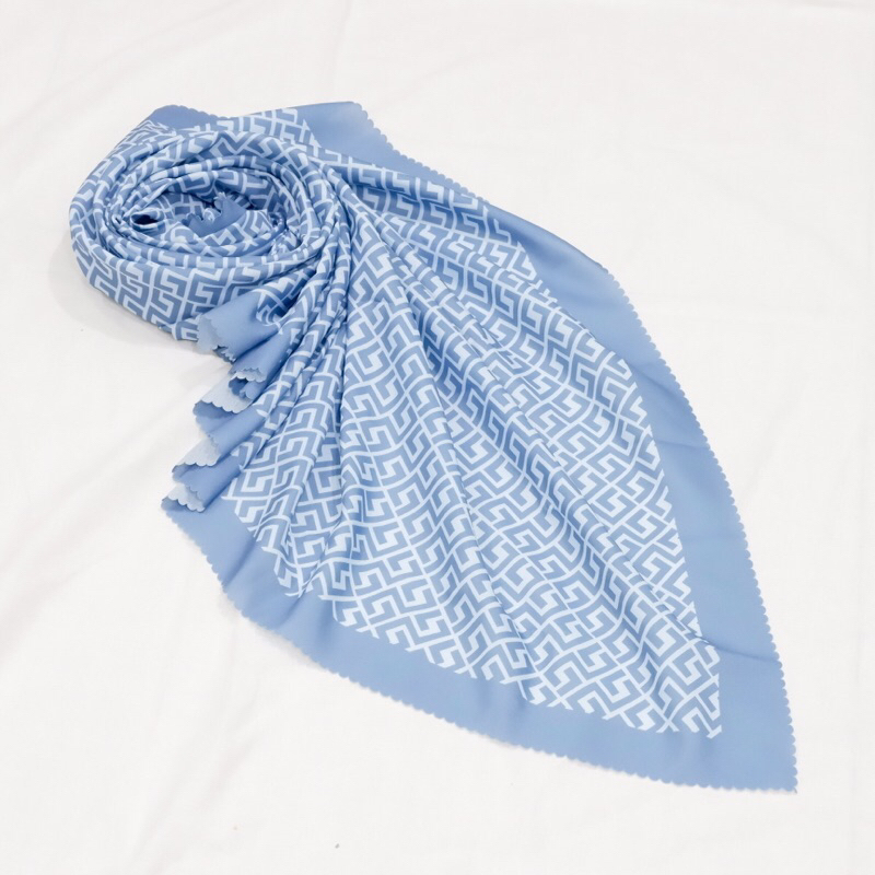HIJAB SEGI EMPAT VOAL PREMIUM MOTIF PRINTING LASERCUT | MONO SERIES BLUE