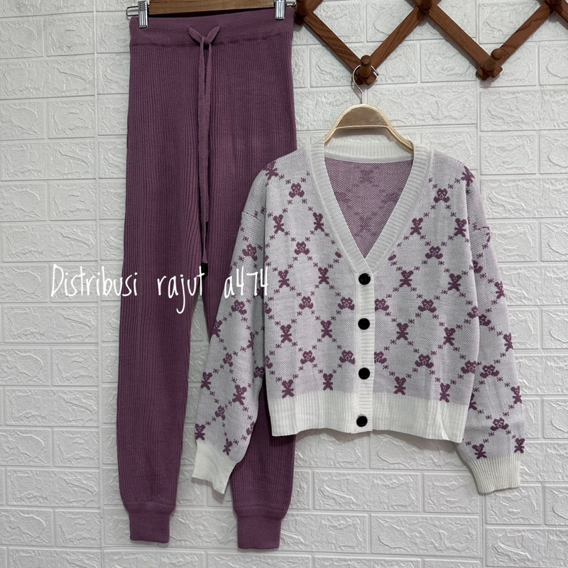 ONESET CARDIGAN RAJUT MLB MONOGRAM SETELAN CELANA KULOT JOGER WANITA