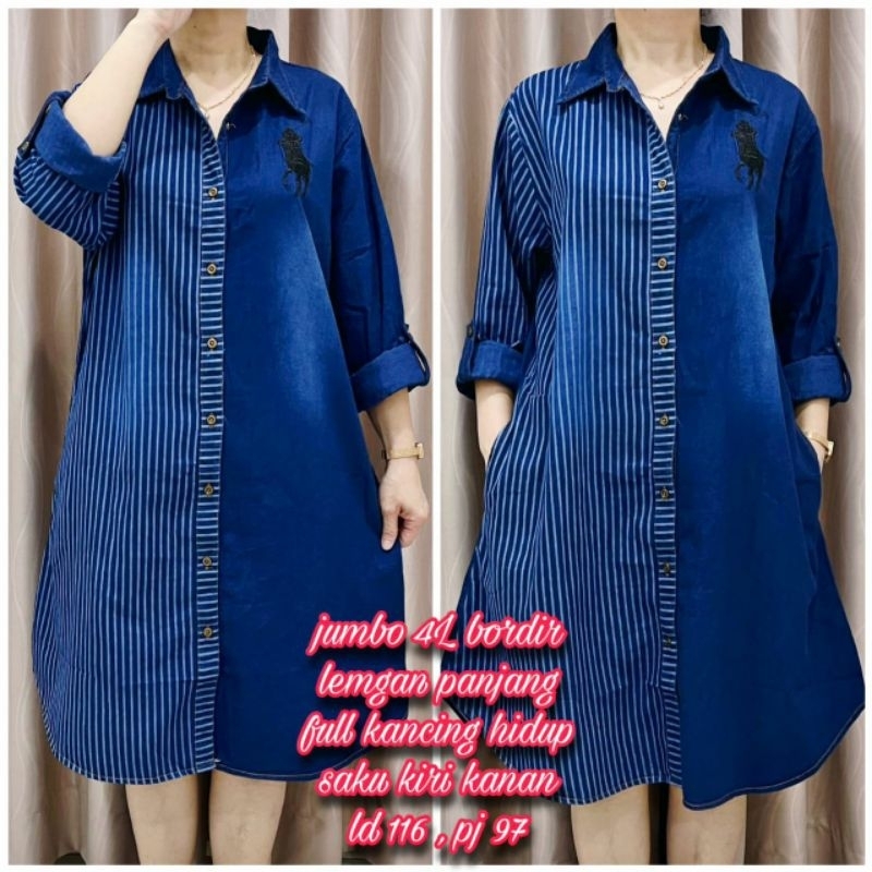 DYA369 Dress tunik jeans kombi jeans salur bordir, jumbo 3L, 4L, dan 5L, ada saku, kancing hidup,