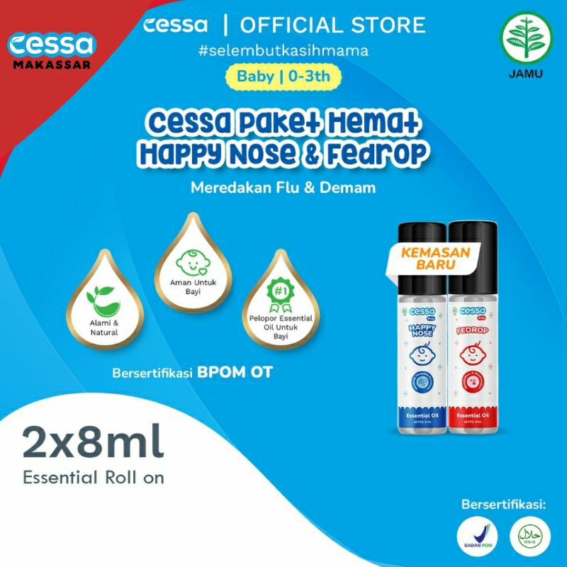Cessa Baby(0-3thn) Paket ANTI DEMAM HAPPY NOSE dan FEDROP - Essential Oil Minyak Telon Oles