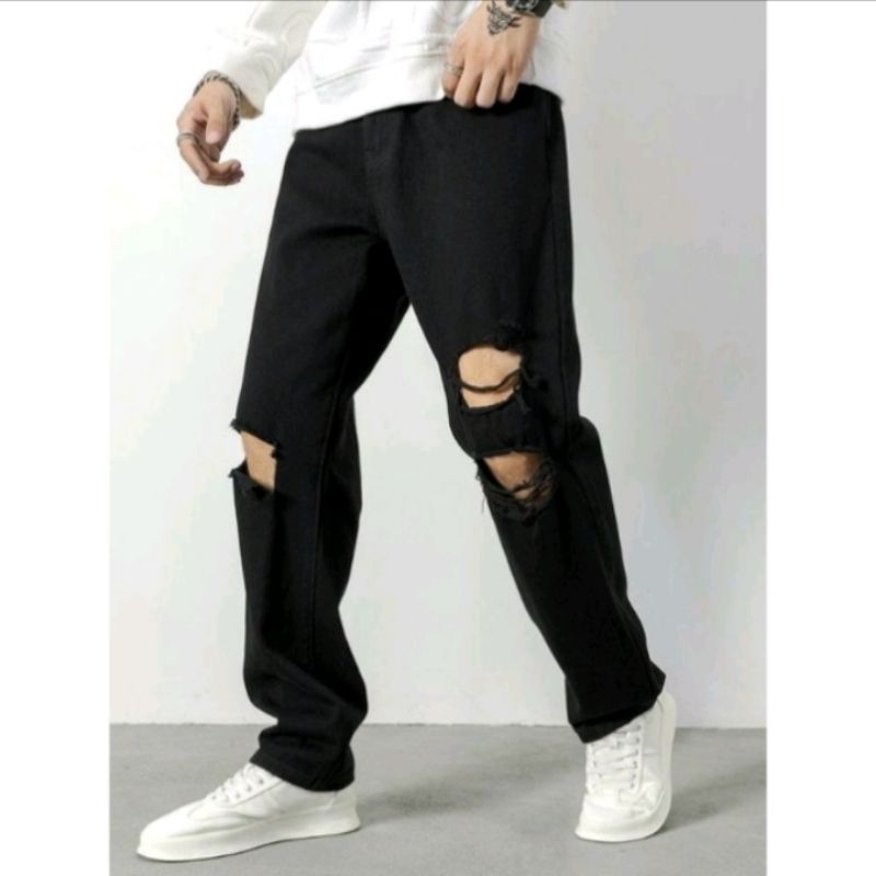 Jeans Reguler sobek hitam pekat - Celana standar jeans ripped pria original Navel denim