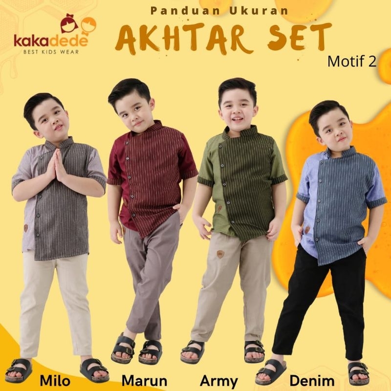 akhtar set kids ori by kaka dede, koko anak motf salur kombinasi polos super adem
