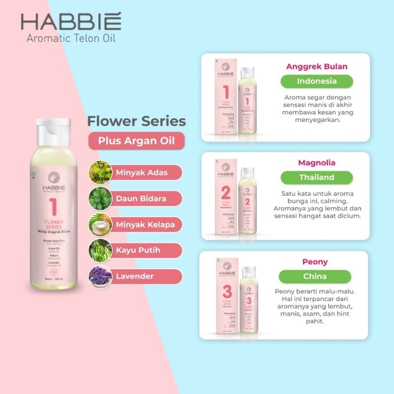 HABBIE Aromatic Telon Oil 100ml Flower Series dan Tea Series / Minyak Telon Bayi Aroma Eksklusif