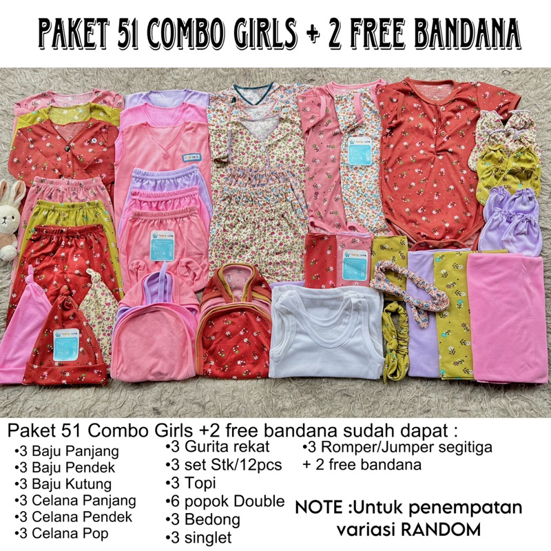 51pcs Paket Komplit Perlengkapan Baju dan celana Bayi gurita sarung tangan singlet bedong jumper Baru Lahir, 3-6 dan 6-12 bulan Baby girls  promo 9.9