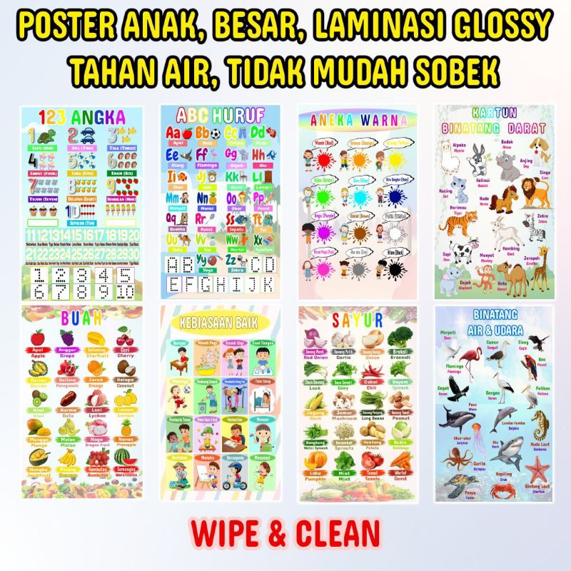 READY (WIPE CLEAN) POSTER EDUKASI ANAK BELAJAR BERMAIN ANAK ANAK, LAMINASI GLOSSY, MAINAN ANAK, CARA SHOLAT CARA WUDHU ABC HURUF ANGKA HEWAN DARAT HEWAN LAUT HEWAN UDARA KEBIASAAN BAIK MENGENAL TUBUH PENJUMLAHAN PENGURANGAN PERKALIAN PEMBAGIAN