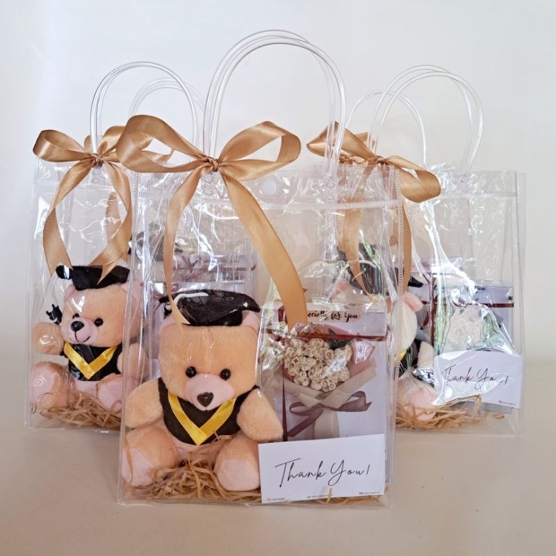 GIFT HAMPERS TRANSPARANT BAG/TAS WITH BONEKA TEDDY BEAR BUNGA EDELWEIS BOX CUSTOM KADO WISUDA GRADUATION ULANG TAHUN BIRTHDAY ANNIVERSARY