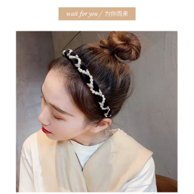 Bando Scrunchie Lilit Rantai Mutiara Bahan Sifon 2cm Korean Chiffon Pearl Headband Aksesoris Rambut Wanita Bando Korea Mutiara