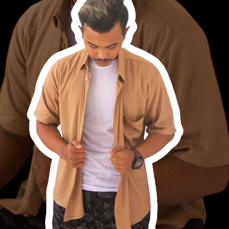 kemeja motip cream lengan pendek rayon casual distro