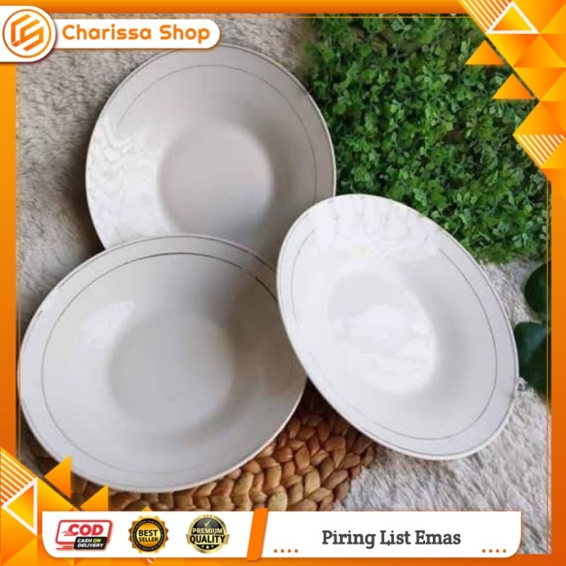 Piring Polos List Emas / Piring Makan Keramik 1 Lusin (12pcs)