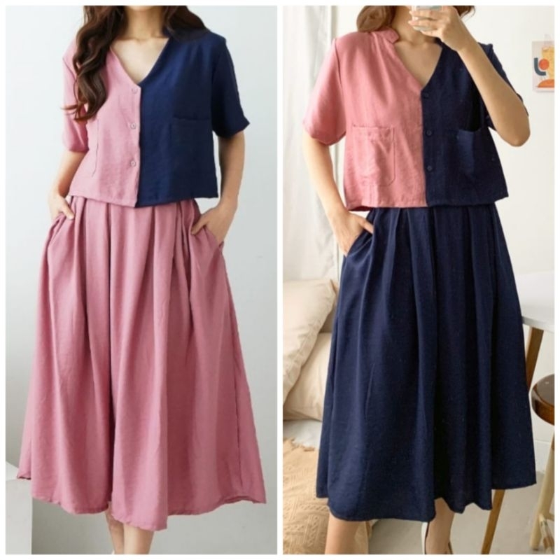♡ PREMIUM ♡ REAL PIC ! CLAUDINE TWO TONE 2 IN 1 SET BUTTON BLOUSE WITH MIDI SKIRT / SETELAN ATASAN &amp; ROK SELUTUT