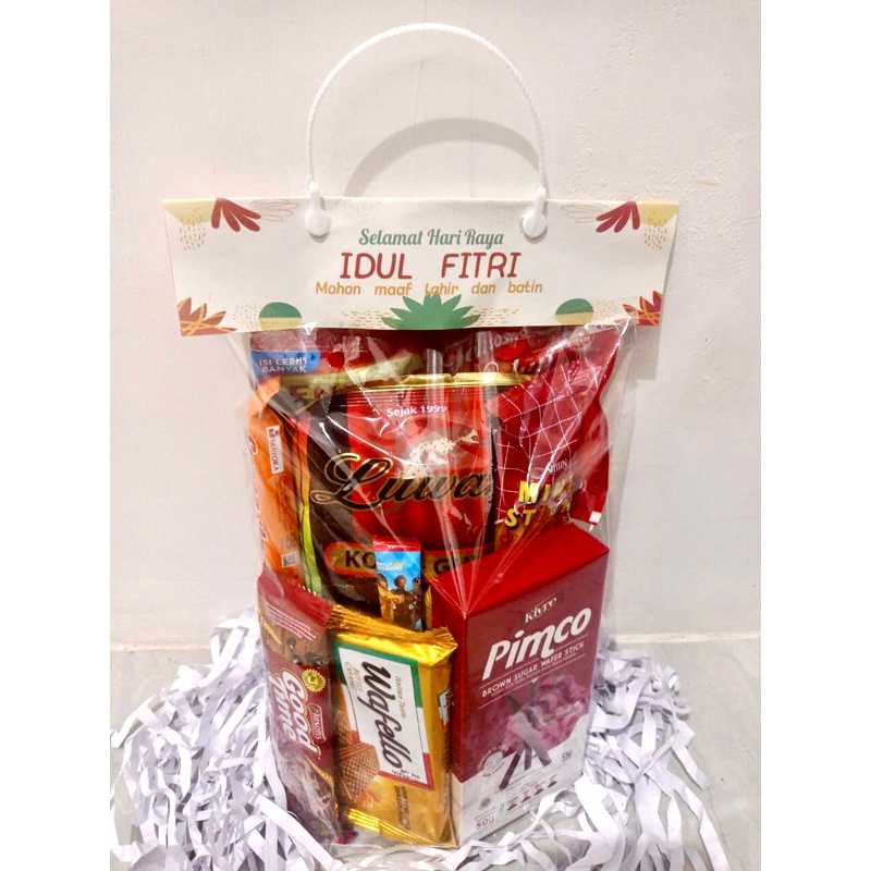 

Hampers/Parcel Lebaran Ulang Tahun Souvenir snack kemasan plastik dan menarik