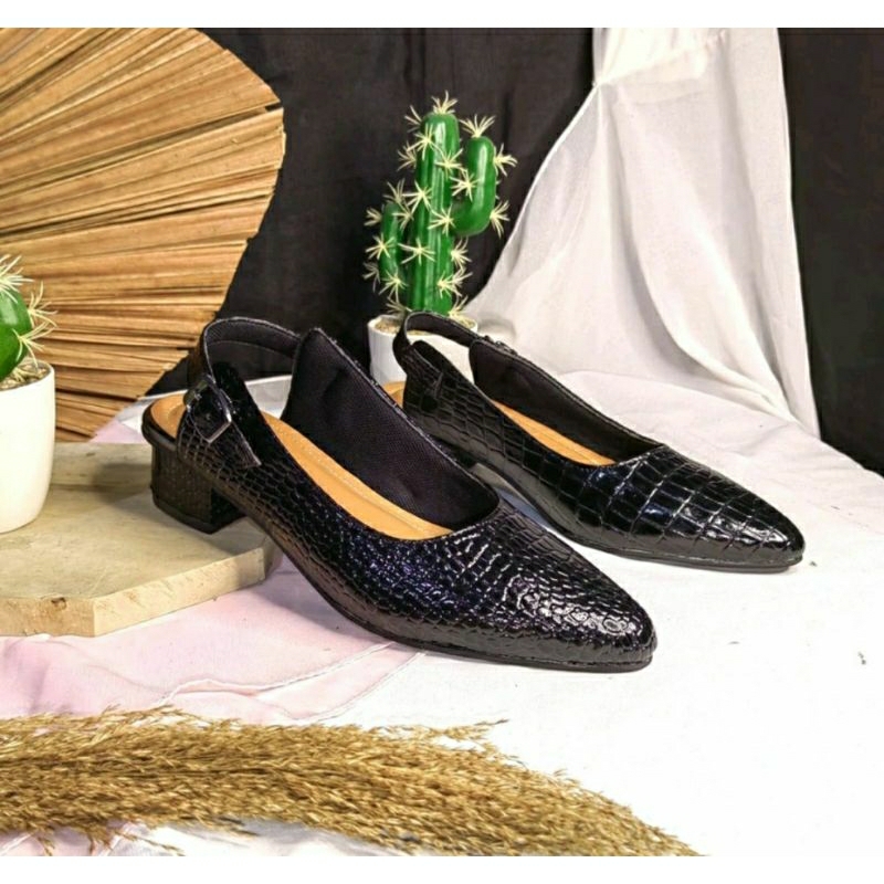 Sepatu Sendal Heels 3cm BIG SIZE 40-45 / Pantofel Slingback Kulit Hitam Wanita OXPORD Kulit Black PNS