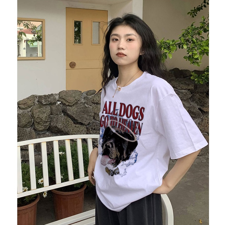 XIAOZHAINV Kaos Atasan Wanita Black Dog Pattern Lengan Pendek A0911