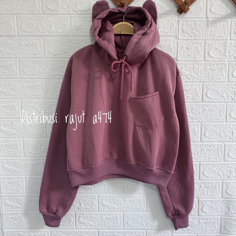 DYH CROP HOODI SAKU POLOS  MOTIF TUDUNG BEAR BAHAN FLEECE TEBAL WANITA