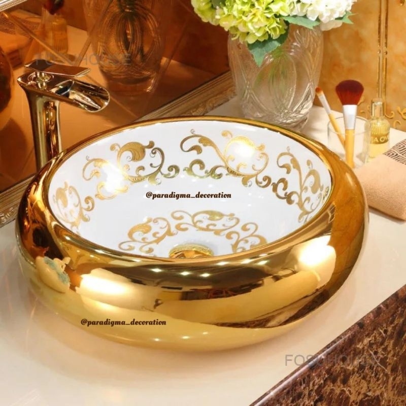Wastafel Sultan Wastafel Emas Putih White Gold Washbasin Wastafel Keramik Gold Unik Mewah Bulat Pers