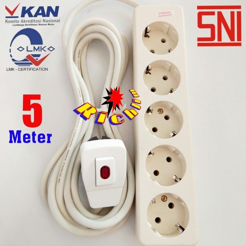 STOP KONTAK UTICON 5 LUBANG + 5 METER KABEL SERABUT TEMBAGA / STEKER LAMPU BROCO / COLOKAN LISTRIK