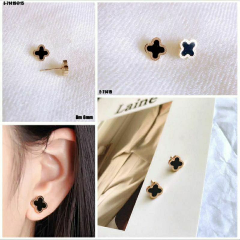 Anting Tusuk Wanita Titanium Clover Fashion Mata Hitam Cantik Dan Simple Titanium N18032302