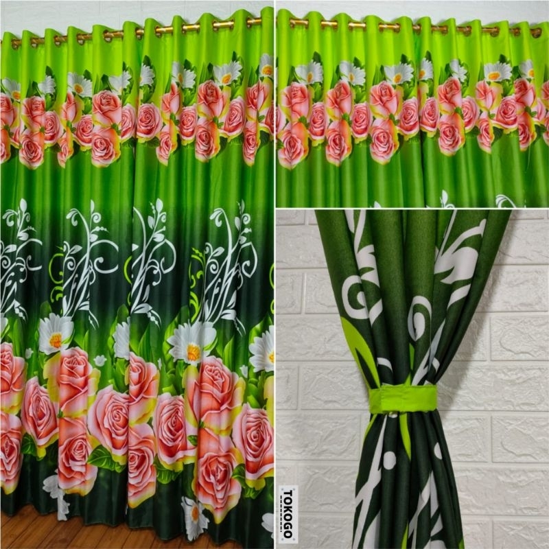 Paket Grosir Gorden Couple Sama [ Tirai Jendela Pintu Minimalis ] Paketan Hemat Bisa Cod | Lebih Murah Motif Green Rose ( Bunga Mawar Hijau )