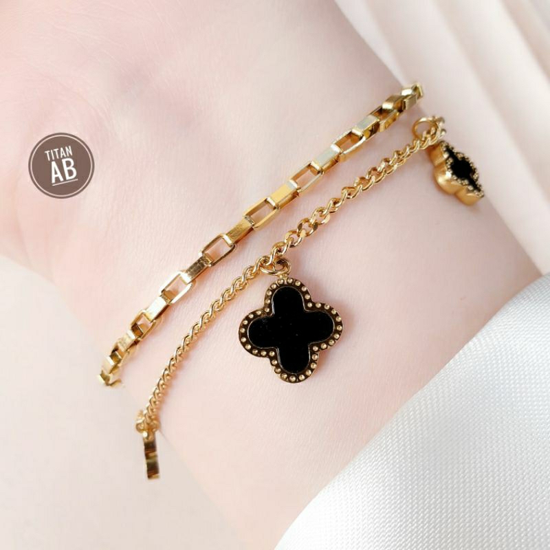 Gelang Tangan Wanita Rantai Titanium 2 Layer Mata Hitam N16032305