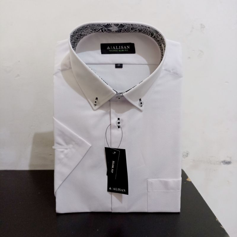 Kemeja Alisan Dobby Putih Kombinasi Dalam Batik Print Pendek Slimfit 16,5 -17,5