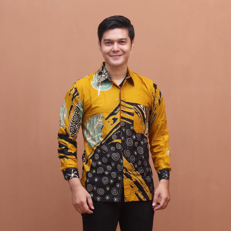 Atasan Tunik Batik Couple Kemeja Batik Pria Lengan Panjang Motif Abstrak Kuning Furing