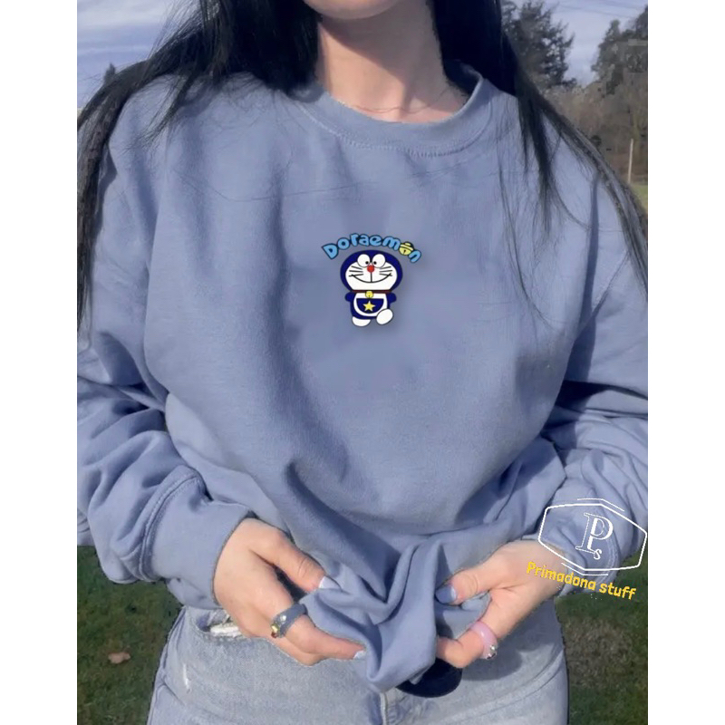 Crewneck Wanita Remaja / Dewasa Motif Doraemon Sweater Unisex Bahan Fleece Gaya Simple L XL XXL