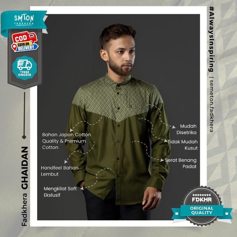 Koko Fadkhera GHAIDAN baju kemeja pria modern lengan panjang pendek warna green army