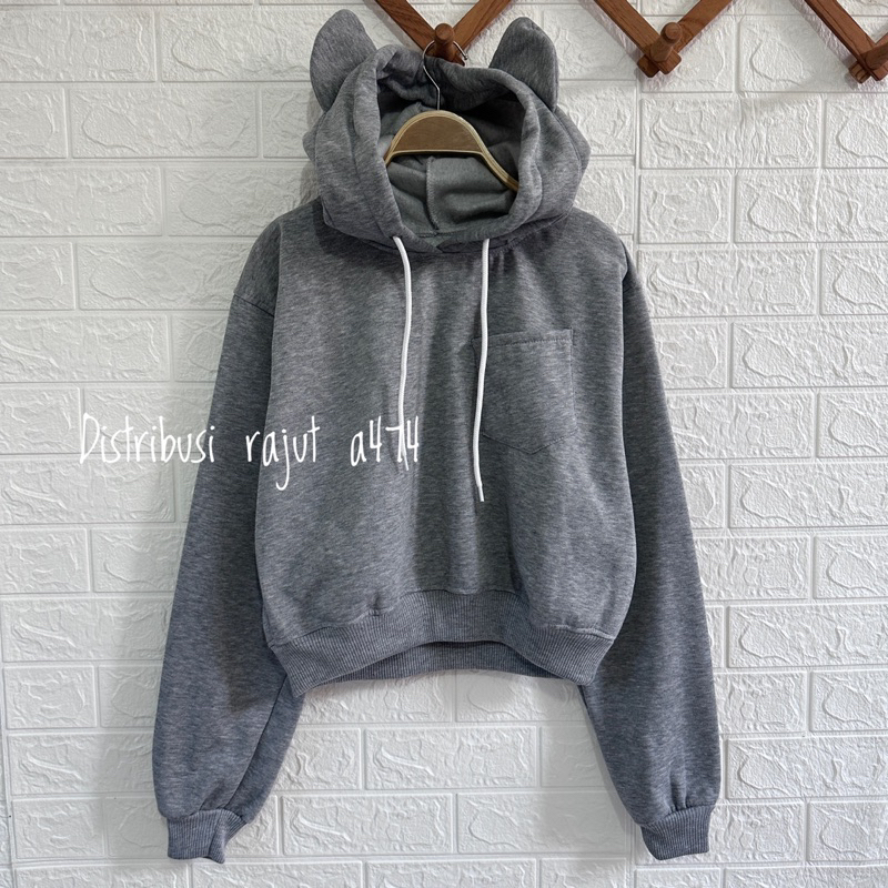 DYH CROP HOODI SAKU POLOS  MOTIF TUDUNG BEAR BAHAN FLEECE TEBAL WANITA