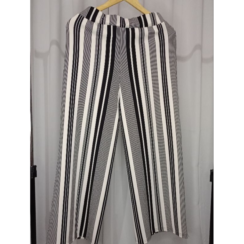 celana panjang wanita kulot tebal lembut garis putih hitam scuba