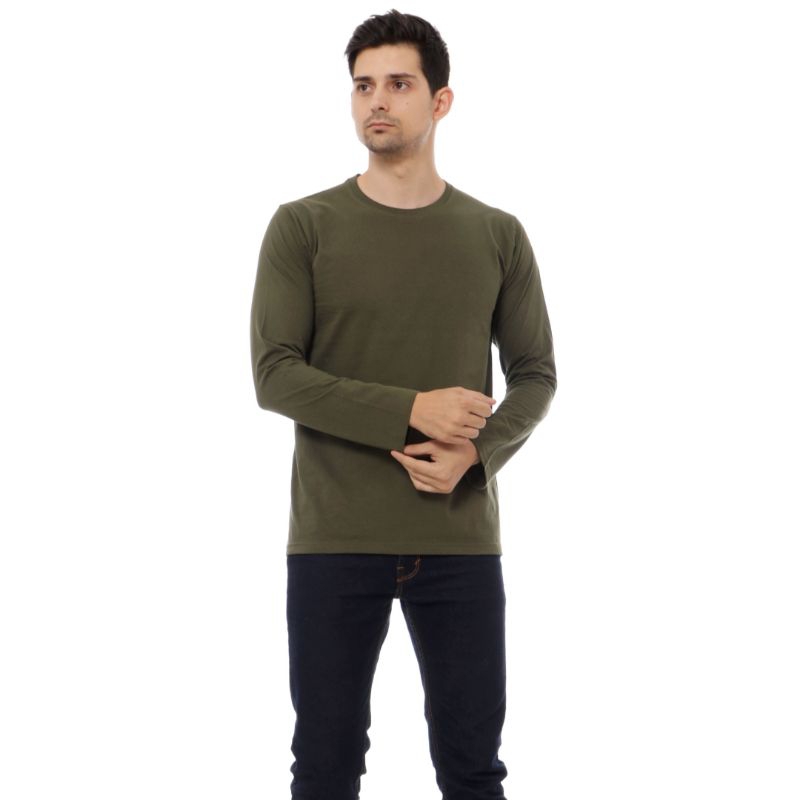 KAOS POLOS LENGAN PANJANG LONG SLEEVE T-SHIRT ARMY HIJAU PRIA COWOK PREMIUM DISTRO JUMBO PESANAN COD