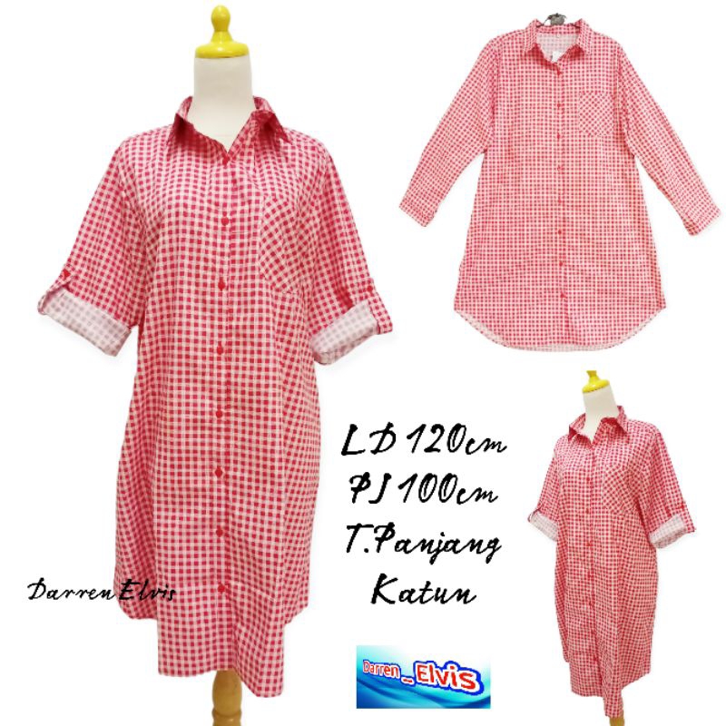 Long Tunik Wanita Kotak Kotak Polos Kantong
