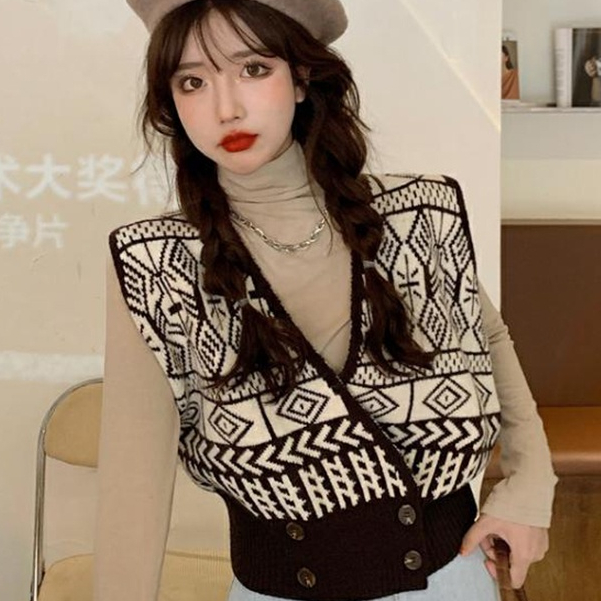 EUNII Rompi Rajut Wanita Retro V-Neck Crop Top Lengan Sweater Korean Style