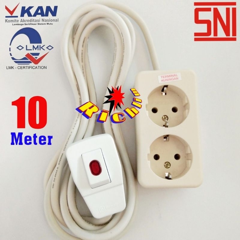 Stop Kontak Uticon 2 Lubang / 10 Meter Kabel Tembaga / Steker Lampu / Colokan Listrik