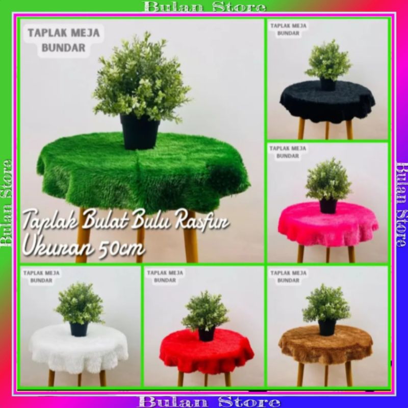 Taplak Meja Bulat Minimalis Bulu Rasfur UK 50cm Taplak Meja Bundar Ruang Tamu Bulu Rasfur