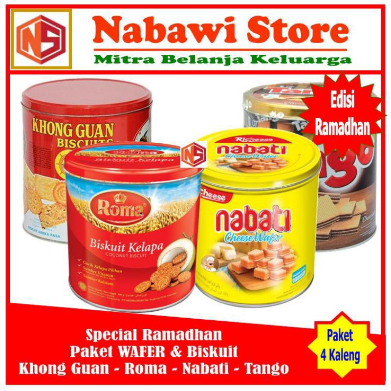 

Nabawi Store. Paket Lebaran. Khong Guan Roma Kelapa Wafer Nabati Keju Tango Coklat. Paket 4 Kaleng. Promo Spesial Ramadhan Lebaran