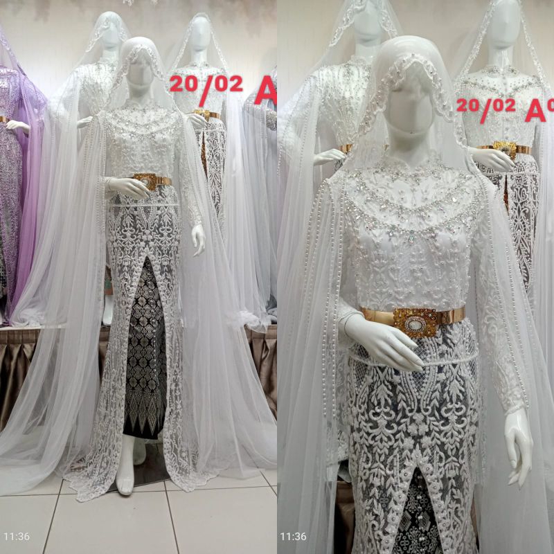 kebaya pengantin akad nikah full Payet depan belakang mobil blah satu 1 set rok selayer bahu kerudung bahan elisab)