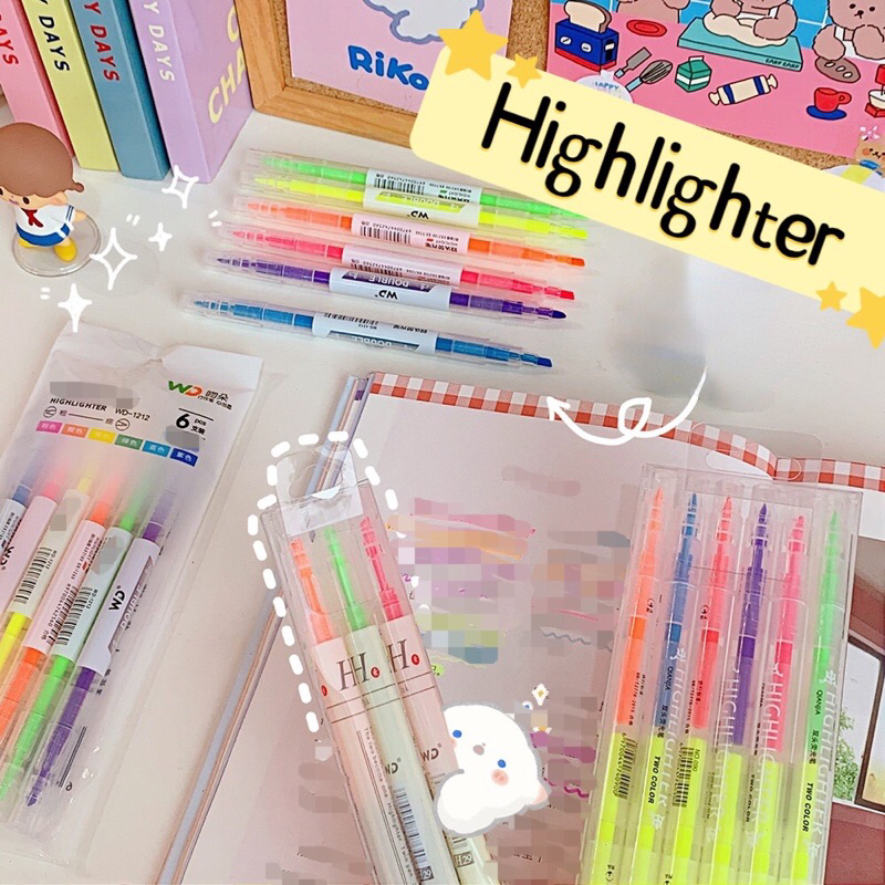 READY STOCK BISA COD CUTE HIGHLIGHTER FANCY SET 1-6 STABILO SPIDOL WARNI DOUBLE STICK POLOS JURNAL SCRAPBOOK DIARY AESTHETIC LUCU VIRAL CUTE KAWAII IMPOR DUA WARNA GAYA REMAJA CEWEK KOREA