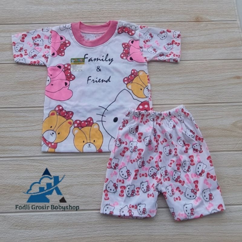 Setelan Bayi Motif Hello Kity Lengan Pendek Baju Celana Bayi Kancing Bahu Setelan Bayi Usia 2-12 Bulan Terbaru