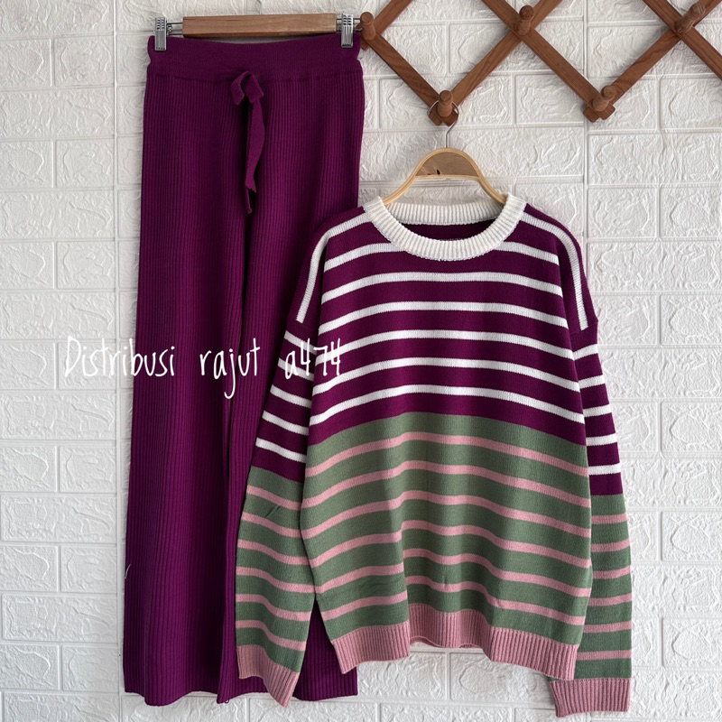 ONESET SWEATER TWIBY STRIPE SETELAN CELANA KULOT RAJUT DAN JOGER WANITA