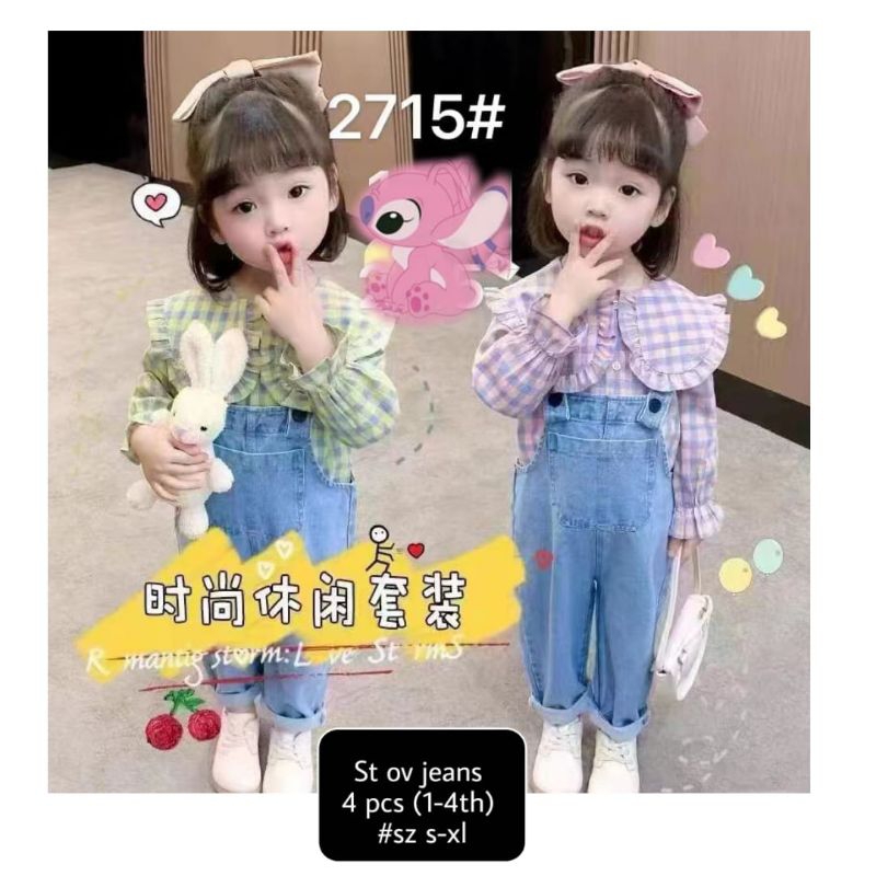 [1-5T] Setelan Set Anak Perempuan Overall Jumpsuit Panjang JEANS katun POLKADOT Mice rabbit / SETELAN OVERALL JUMPSUIT JEANS POLKADOT IMPORT