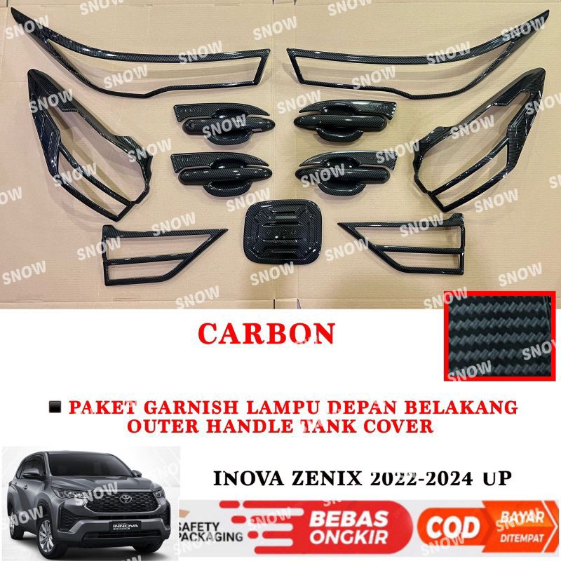 Paket Garnish Lampu Depan Belakang Outer Handle Tank Cover Innova Zenix 2023 2024 up Hitam Chrome Carbon