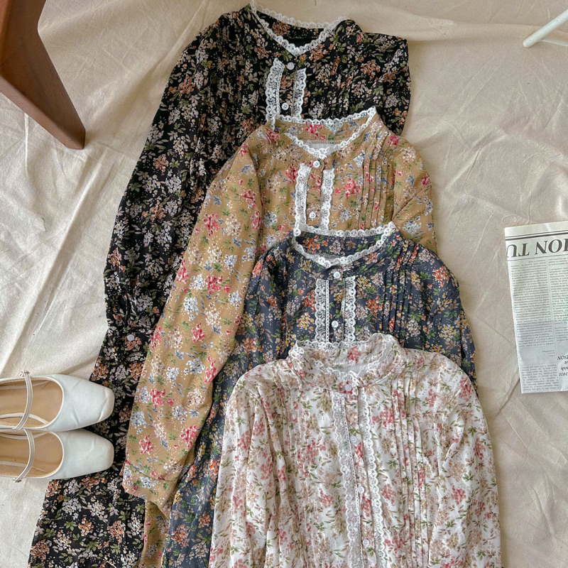 KANON - Kotoha Floral Dress - Dress midi vintage korean look full furing hijab friendly