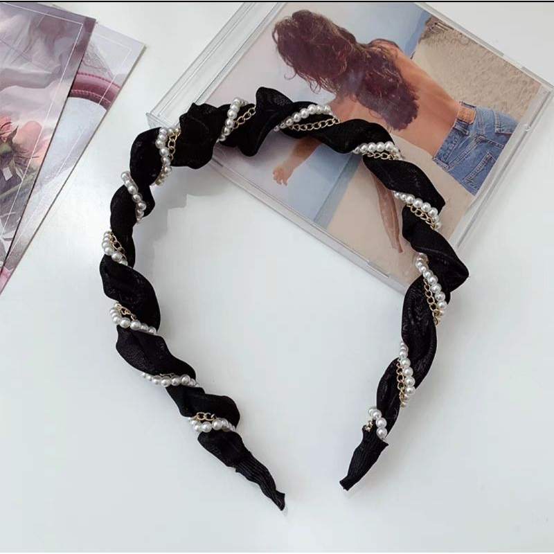 Bando Scrunchie Lilit Rantai Mutiara Bahan Sifon 2cm Korean Chiffon Pearl Headband Aksesoris Rambut Wanita Bando Korea Mutiara