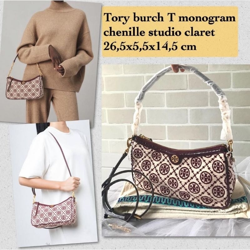 Tas Authentic Original Tory B T Monogram Chenille Studio Claret i
