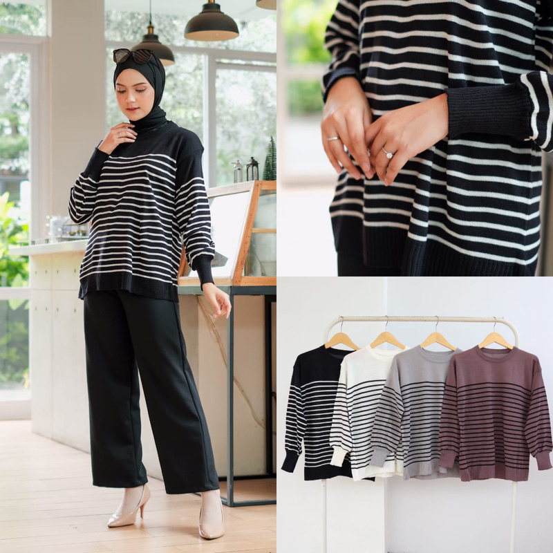 RISKA SWEATER  SALUR STRIPES BIGSIZE POLOS RAJUT HALUS ADEM BAGUS MURAH XL XXL TANGAN PANJANG