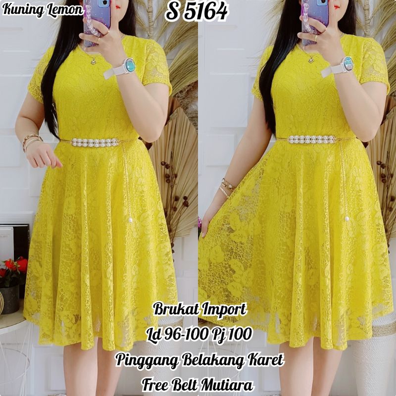 STYLE 5164. Dress Brukat Polos Lemon Free Belt Midi Dress Pesta Cantik
