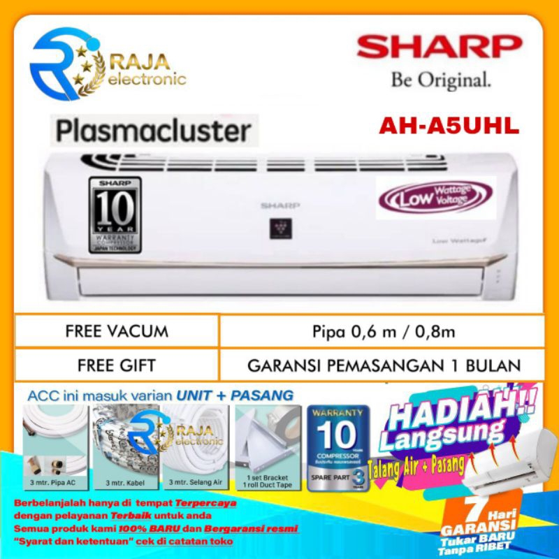 AC SHARP 1/2 PK AH-AP05UHL PLASMACLUSTER LOW WATT R32 + PASANG &amp; MATERIAL