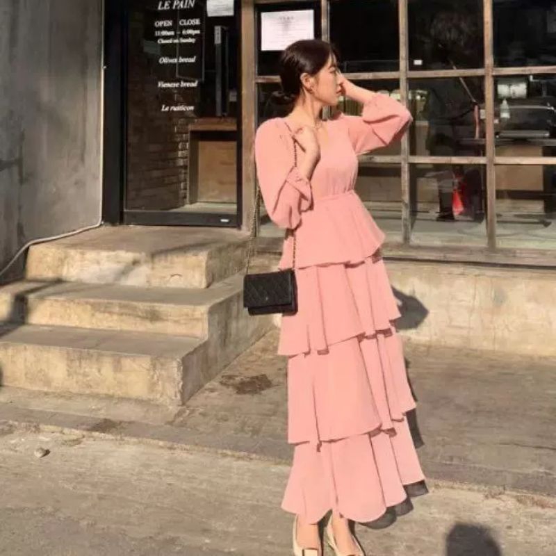 63310 Baju maxidress longdress TIERED REMPEL RUFFLE susun dres Korea Korean style wanita premium imp