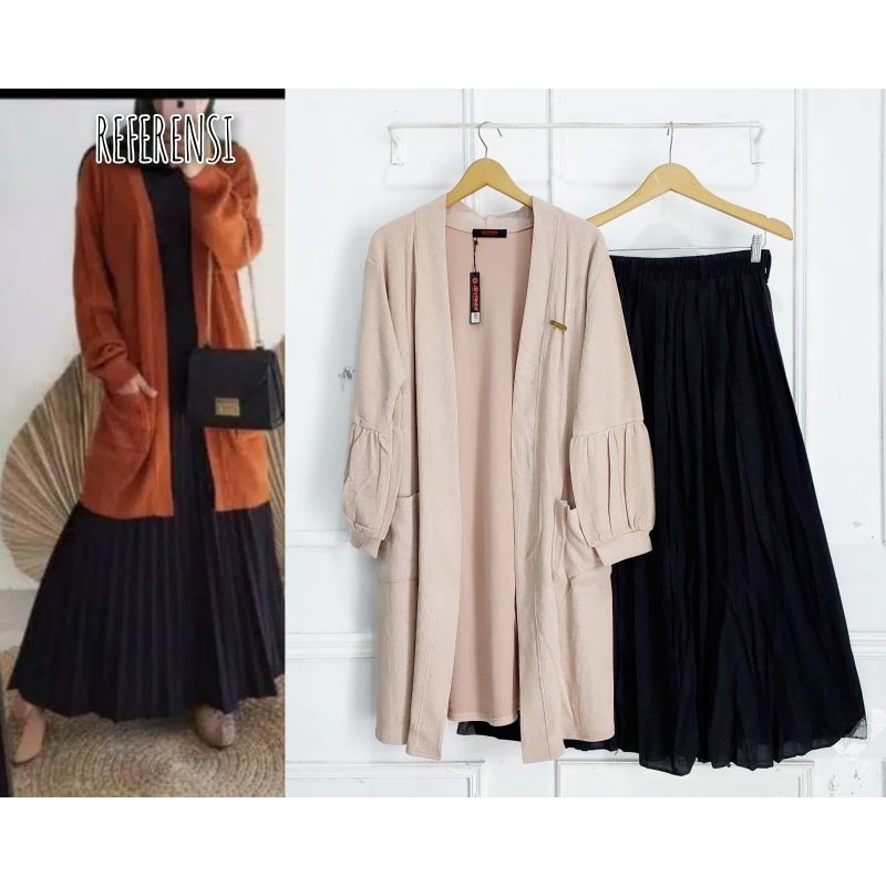 Setelan Outer Mecca Rok Lipit // Long Cardi Knit Import Lengan Balon Set Rok Plisket Free Size // Jumbo